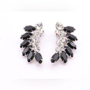 Vintage B David Black Rhinestone Clip Earrings Old Hollywood Glam